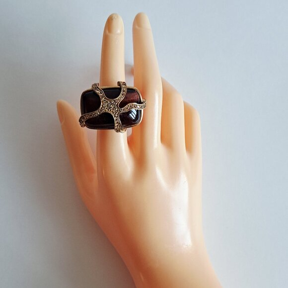 New Angelique de Paris Gold Plated Red Brown Tigereye Cage Ring Size 7 - Picture 14 of 16